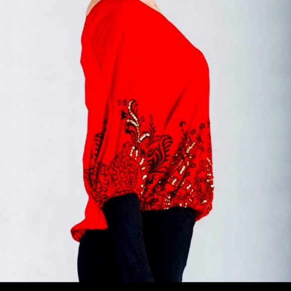 Women's Callie Red Dragon dolman sleeve off shoulder top - Picture 3 of 9